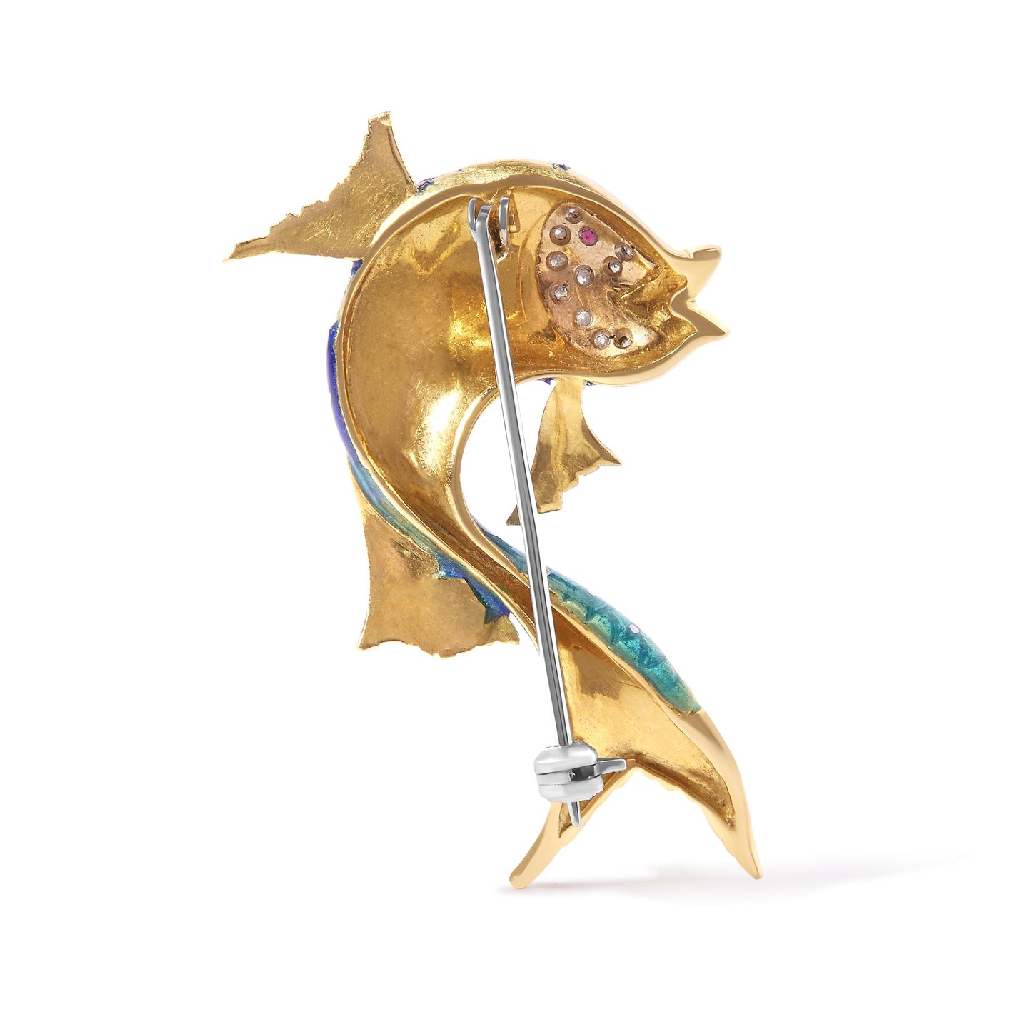 Back angle view of a yellow metal fish-shaped brooch with a red gemstone and multiple white gemstones set on the head.