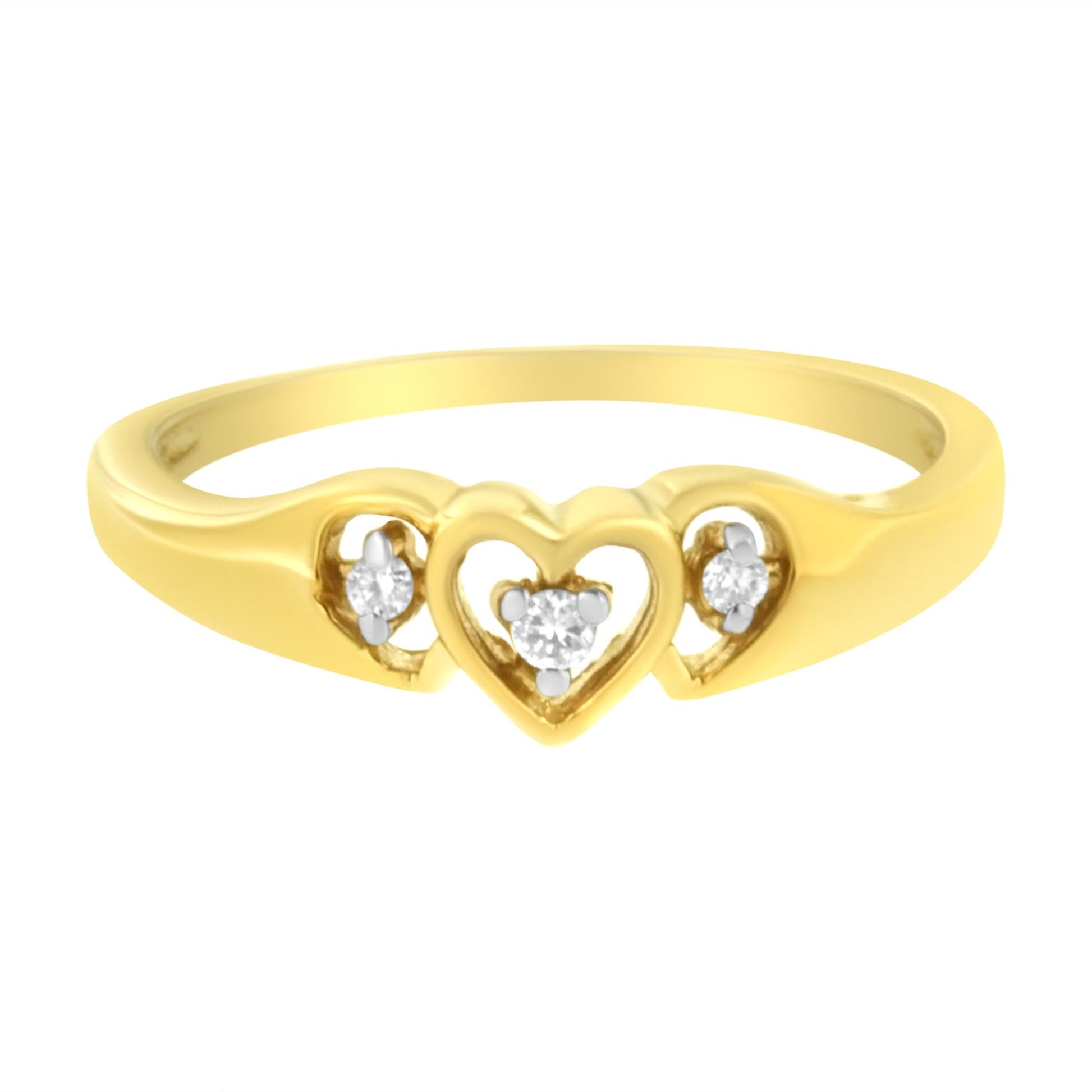 Front-facing yellow ring with three hearts, each holding a round white gemstone in prong settings, photographed at close-up angle.