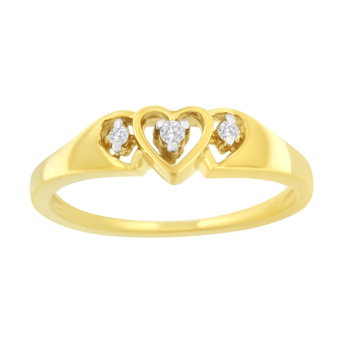 Front view of a yellow metal ring featuring a central heart-shaped design with a round white gemstone in a prong setting, flanked by two smaller round white gemstones in prong settings on each side.