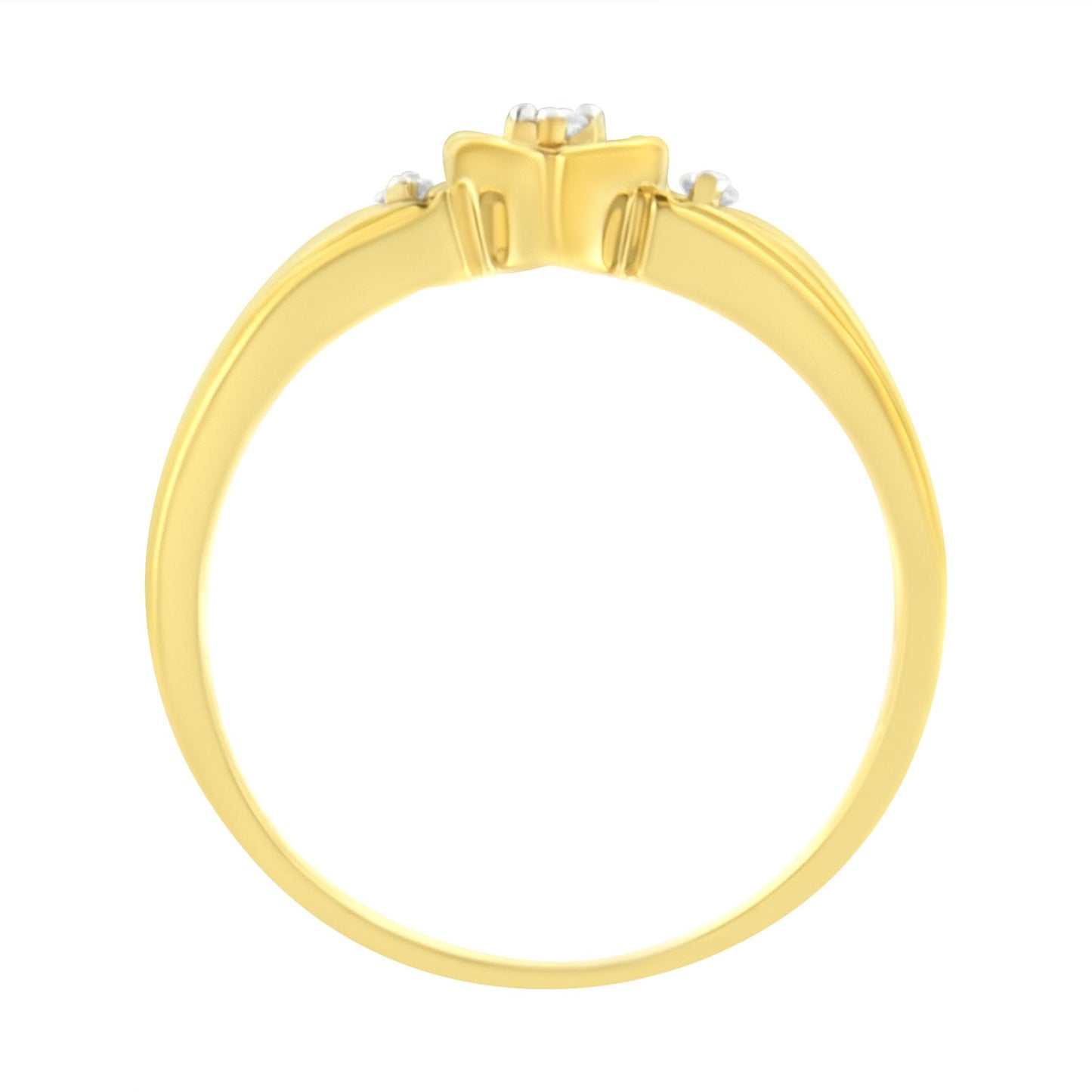 Yellow metal ring with round brownish gemstones in prong settings, viewed from the side angle.