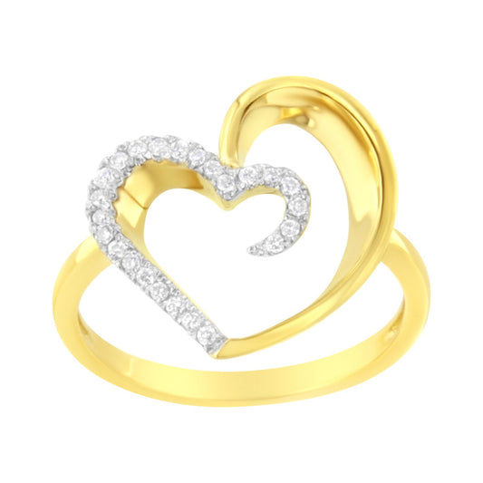 Front angled view of a yellow metal ring featuring an open heart design partially outlined with round prong-set brownish gemstones.