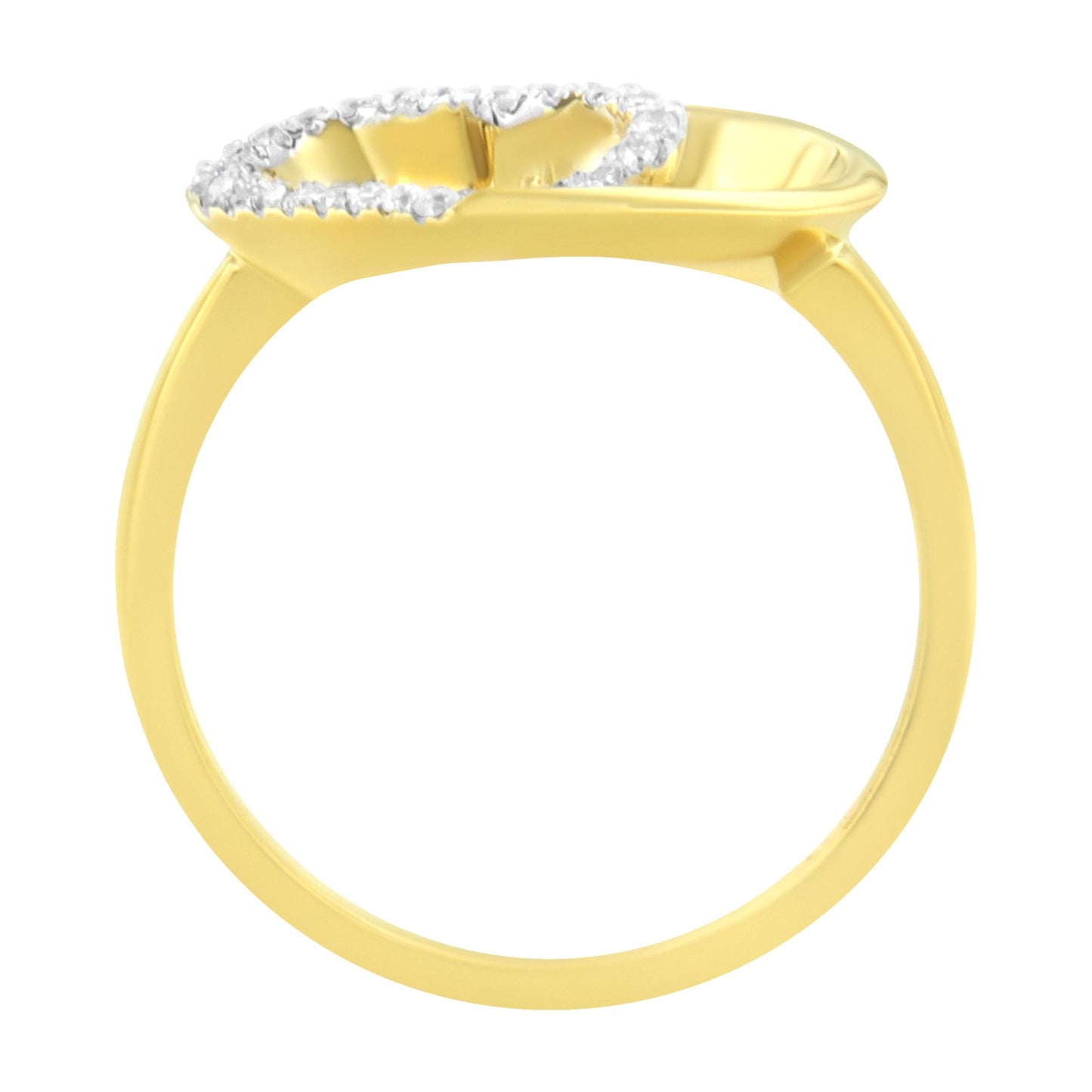 Side view of a yellow ring with a cluster of round, brownish gemstones in prong settings on the top.