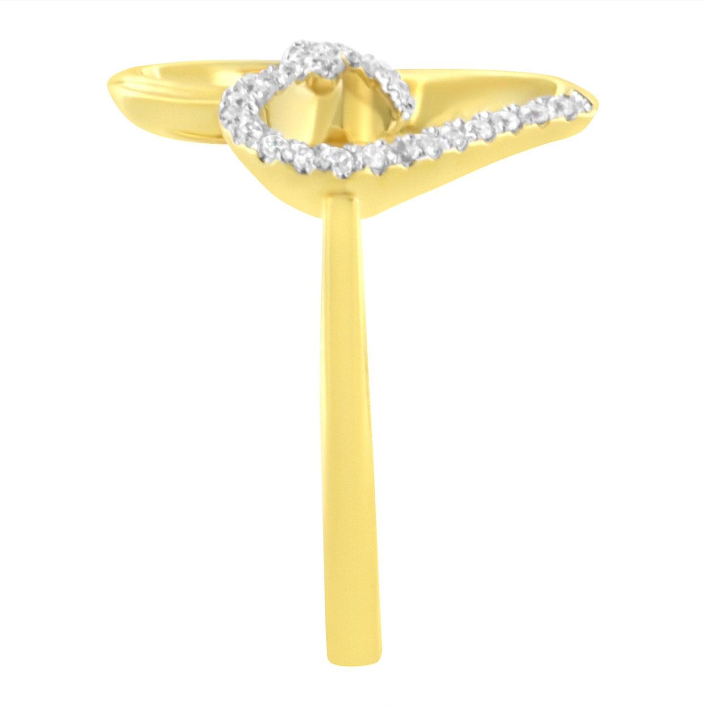 Front view of a yellow metal ring with a curve design embellished with round white gemstones in prong setting.