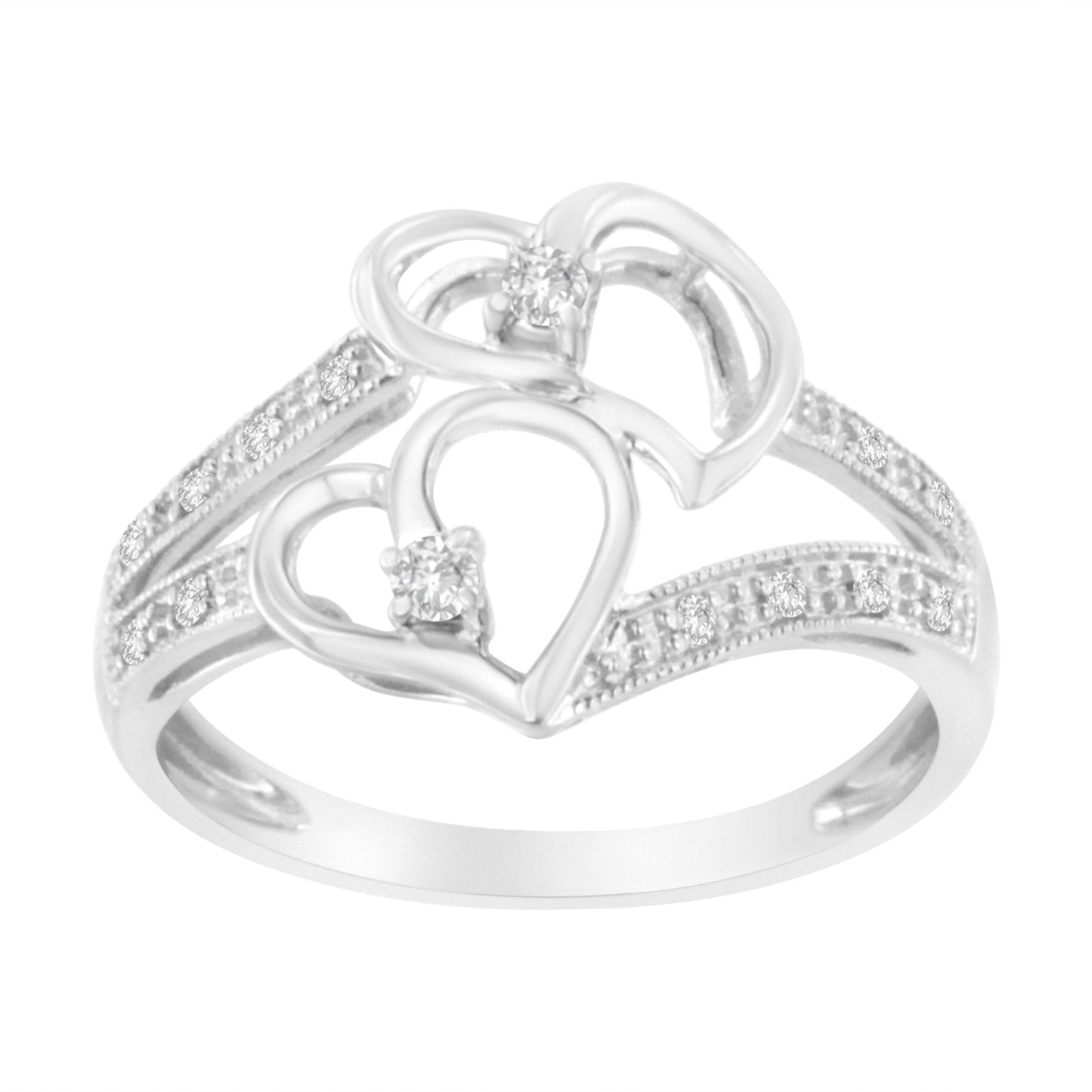 White metal ring with two open heart shapes, each set with a prong-set brownish round gemstone, and a band decorated with micro-pave brownish round gemstones, shown from a front angle.