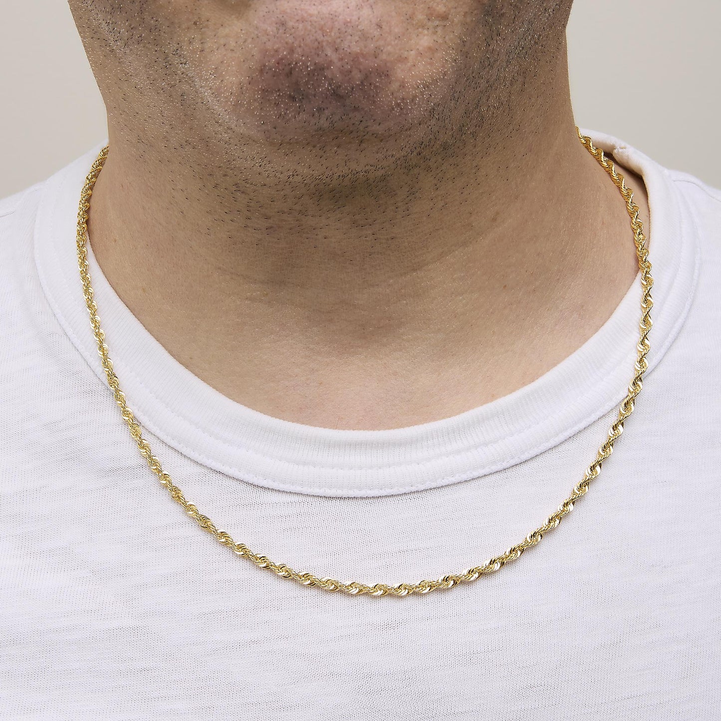 Men's Solid 10K Yellow Gold 3.2mm Light Rope Chain Necklace