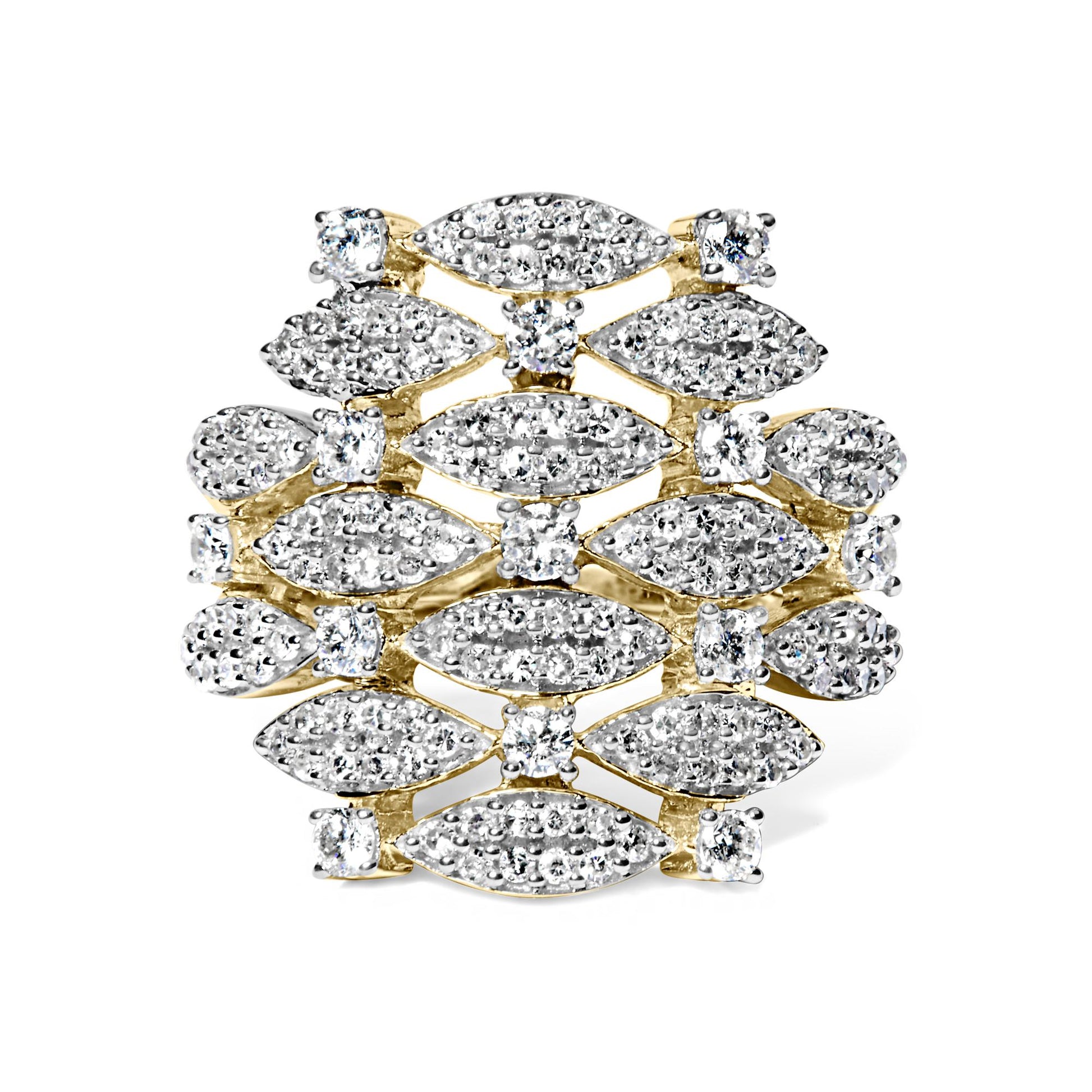 Front view of a yellow ring with multiple marquise-shaped clusters and round white gemstones in prong settings.