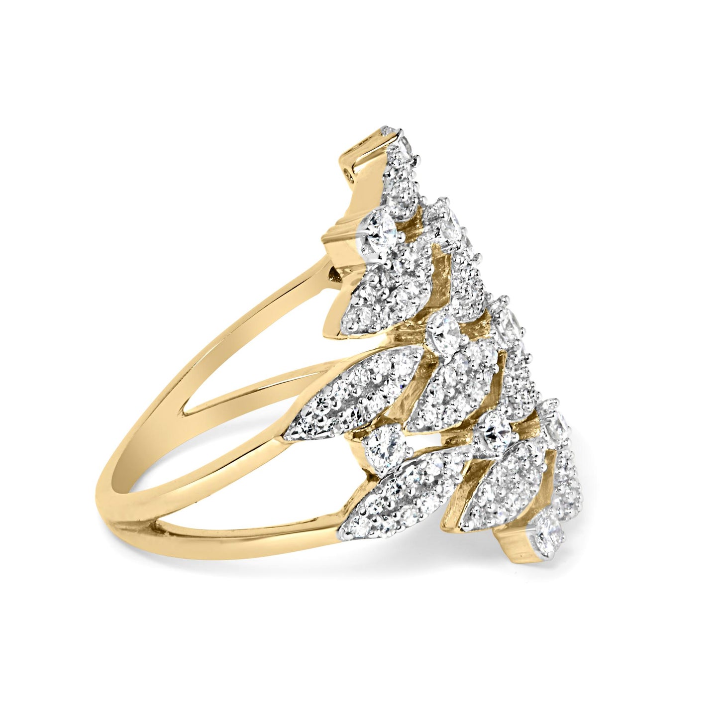 Yellow metal ring with a split band viewed at an angle, featuring clusters of white round prong-set gemstones in leaf-like shapes.