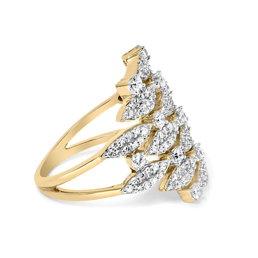 Yellow metal ring with a split band viewed at an angle, featuring clusters of white round prong-set gemstones in leaf-like shapes.