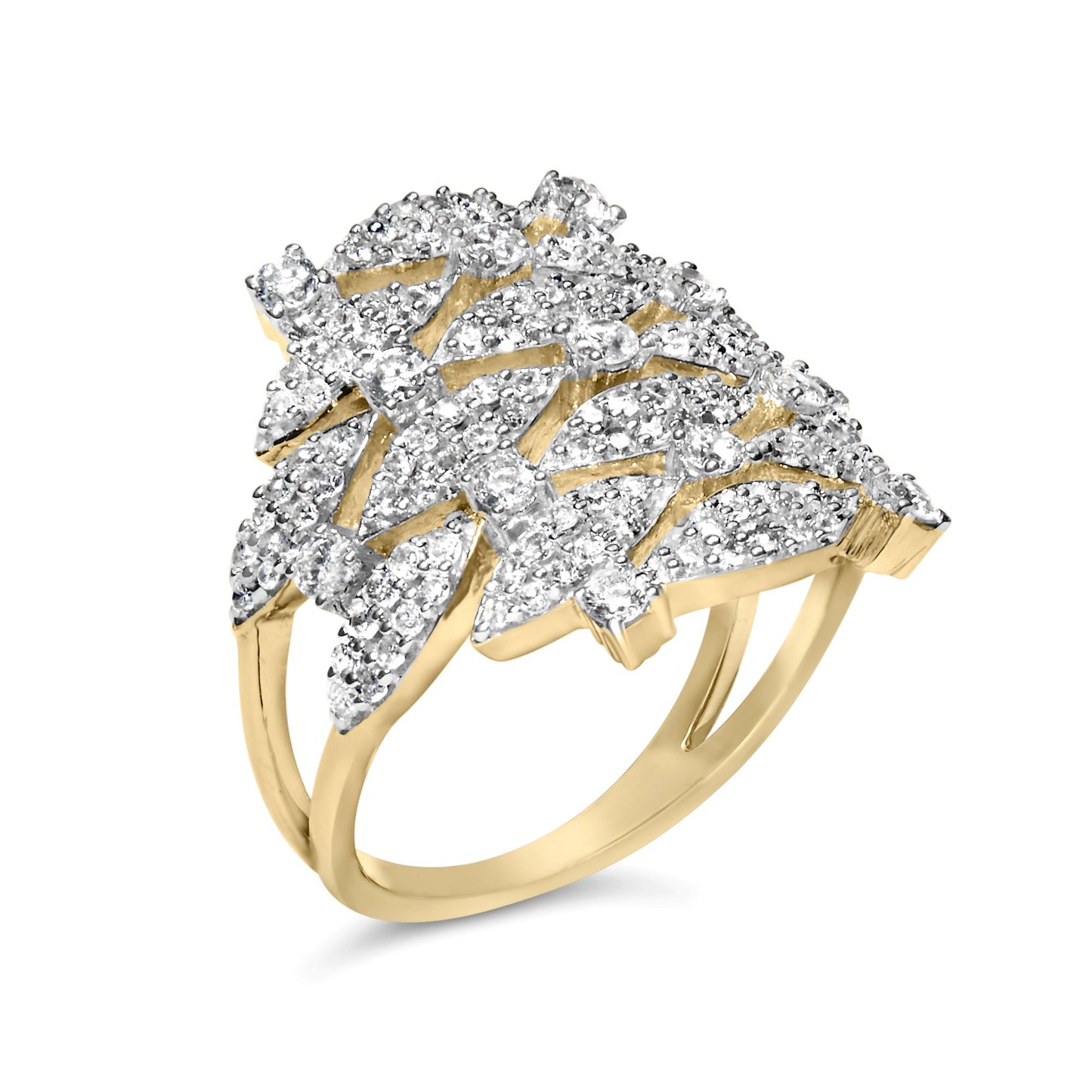 Yellow metal ring with an intricate design of white round gemstones in prong settings, shown at a slight angle.