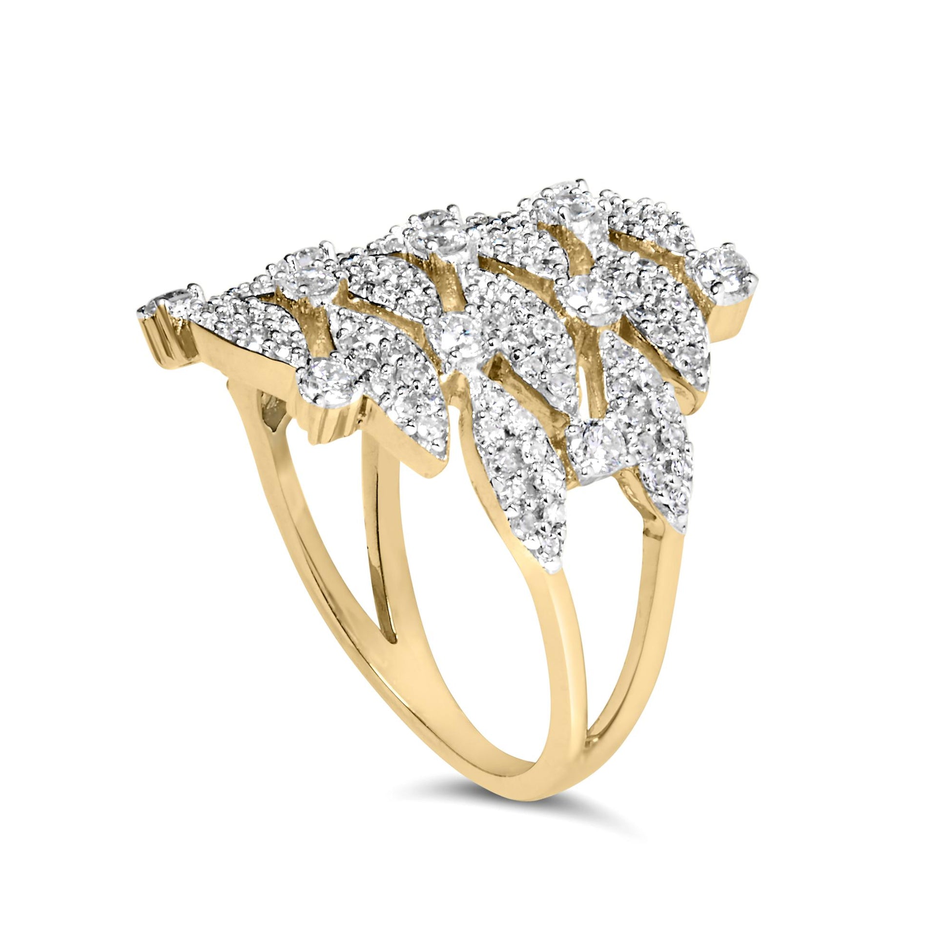 Yellow metal ring with an intricate leaf pattern set with numerous small white round gemstones and larger white round gemstones, shown at a slight angle.