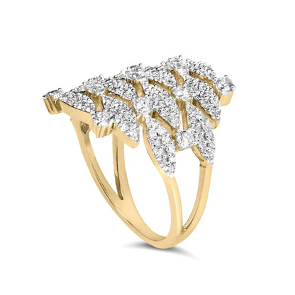 Yellow metal ring with an intricate leaf pattern set with numerous small white round gemstones and larger white round gemstones, shown at a slight angle.