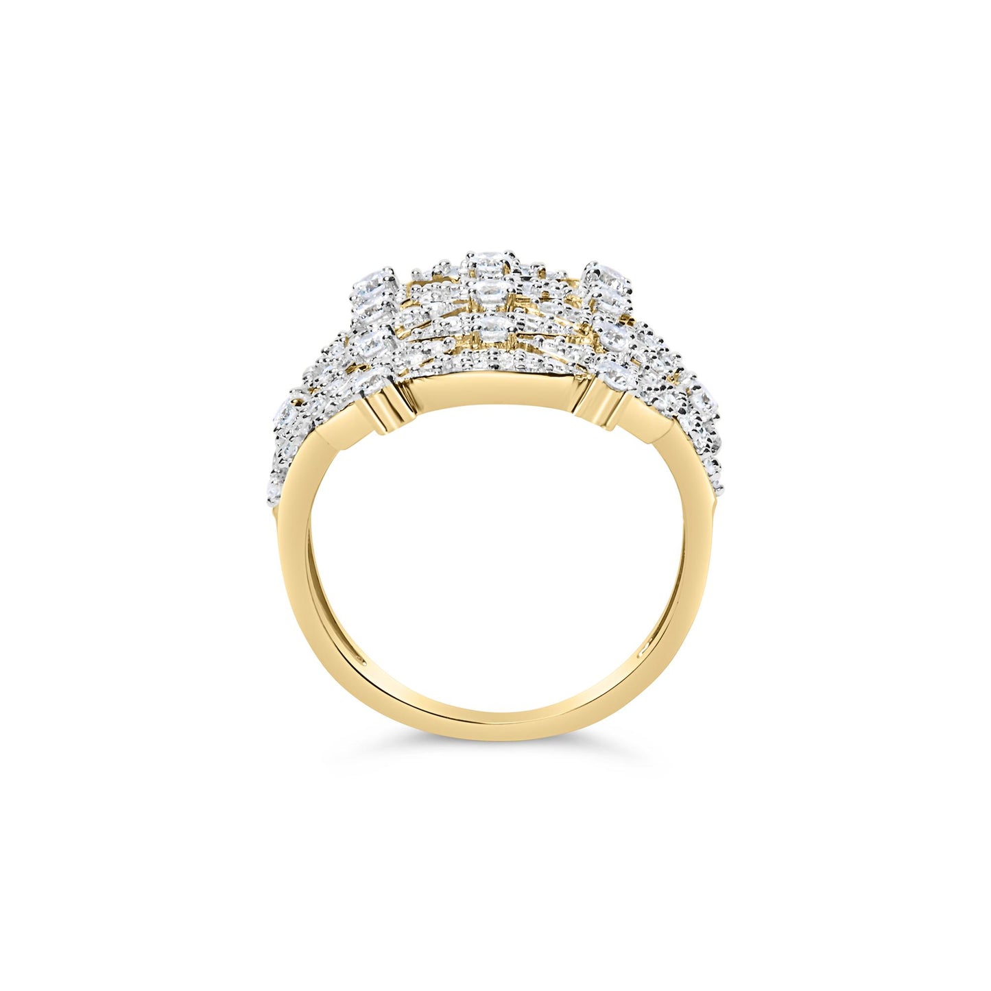 Yellow metal ring with multiple rows of round white gemstones in prong settings, shown from a front angle on a white background.