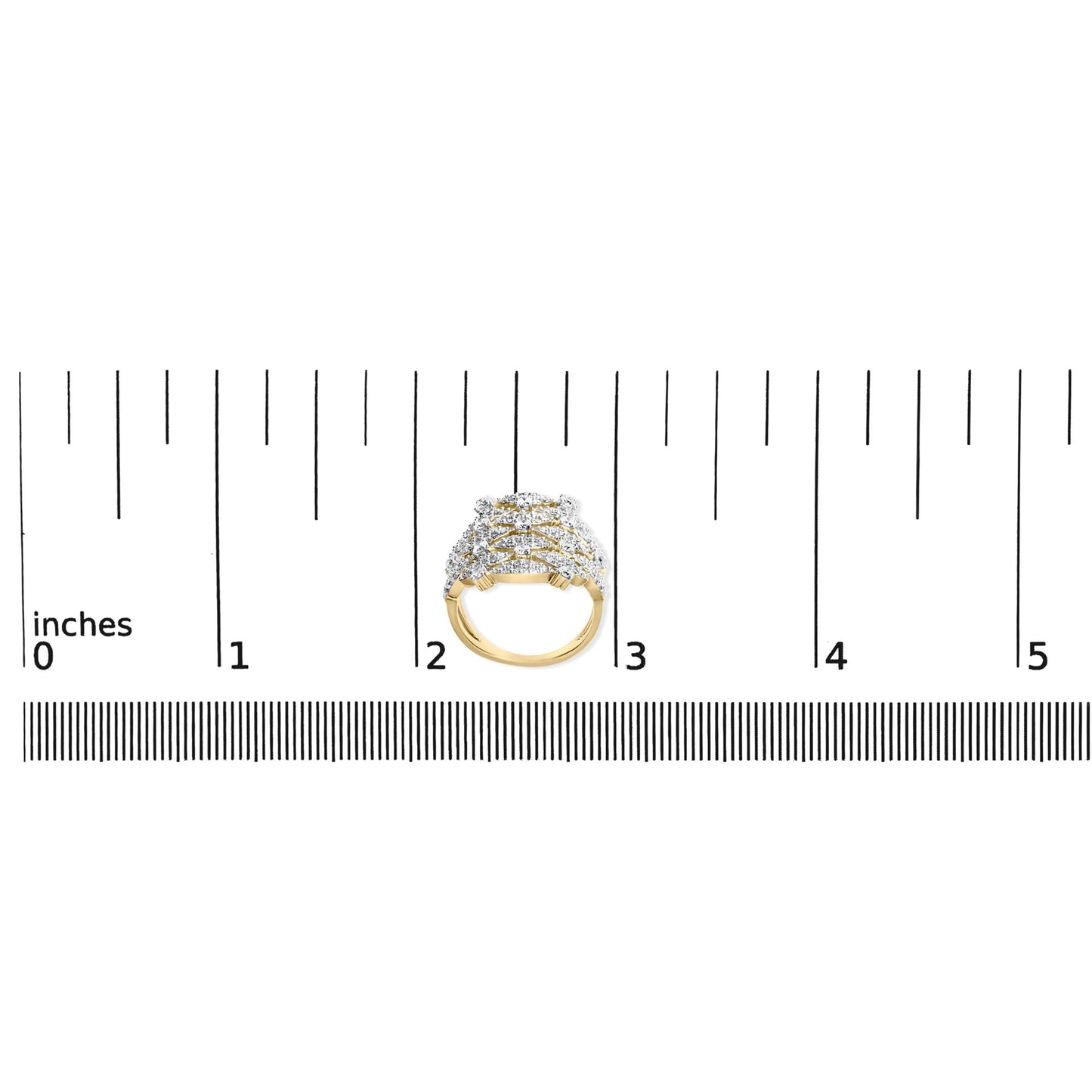 Top-down view of a yellow metal ring with multiple rows of white round prong-set gemstones, displayed on a ruler for size reference.