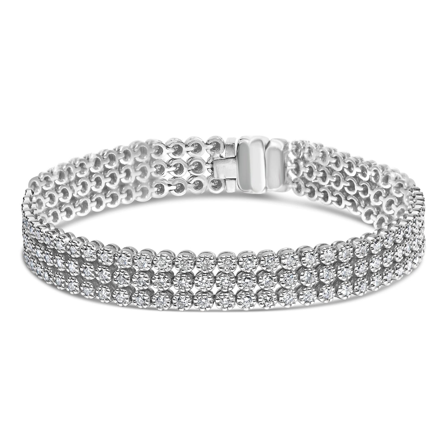 White metal bracelet with three rows of round white gemstones in prong settings, shown from a front angle.