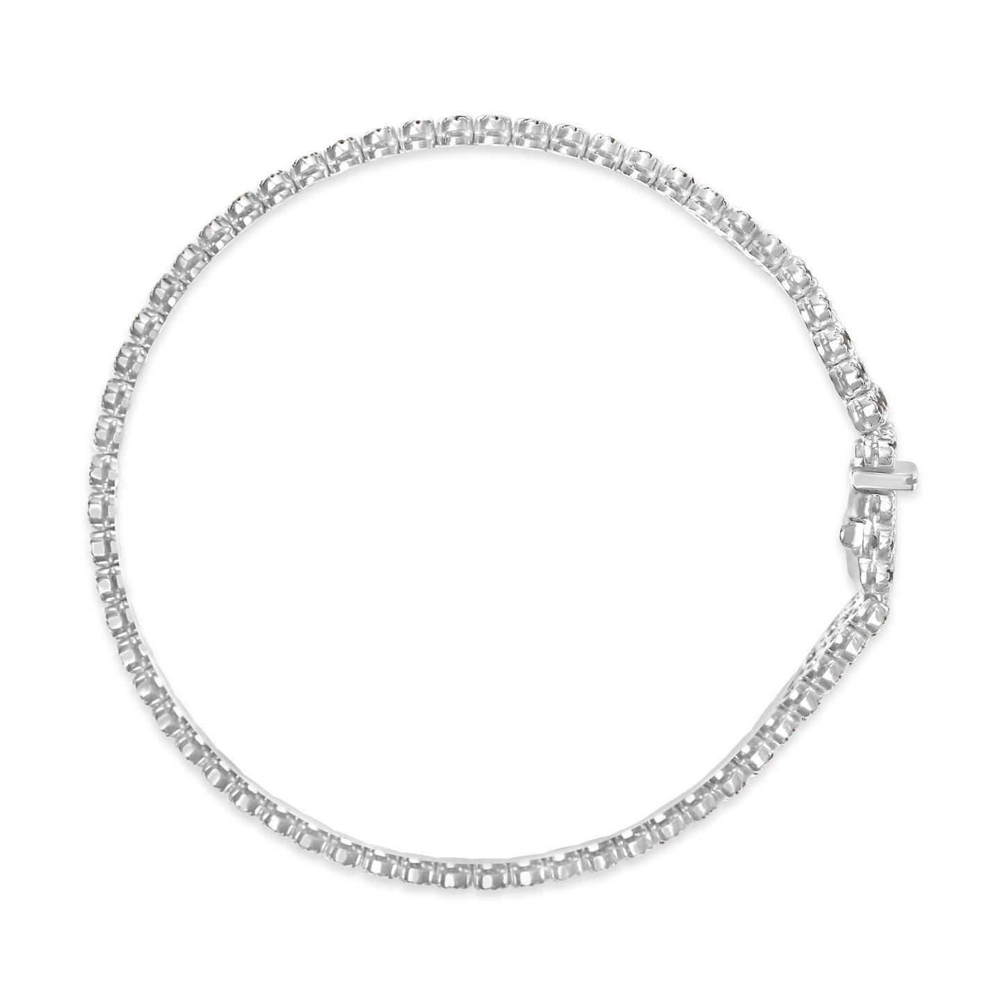 Top-down view of a white metal bracelet with round white gemstones in prong settings all around, featuring a clasp.
