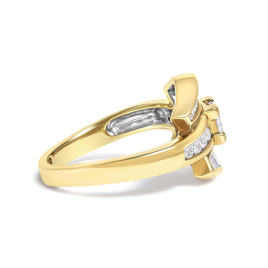 Close-up side angle of a yellow metal ring featuring a princess-shaped white gemstone in a prong setting, accented by white baguette and round gemstones in channel settings.
