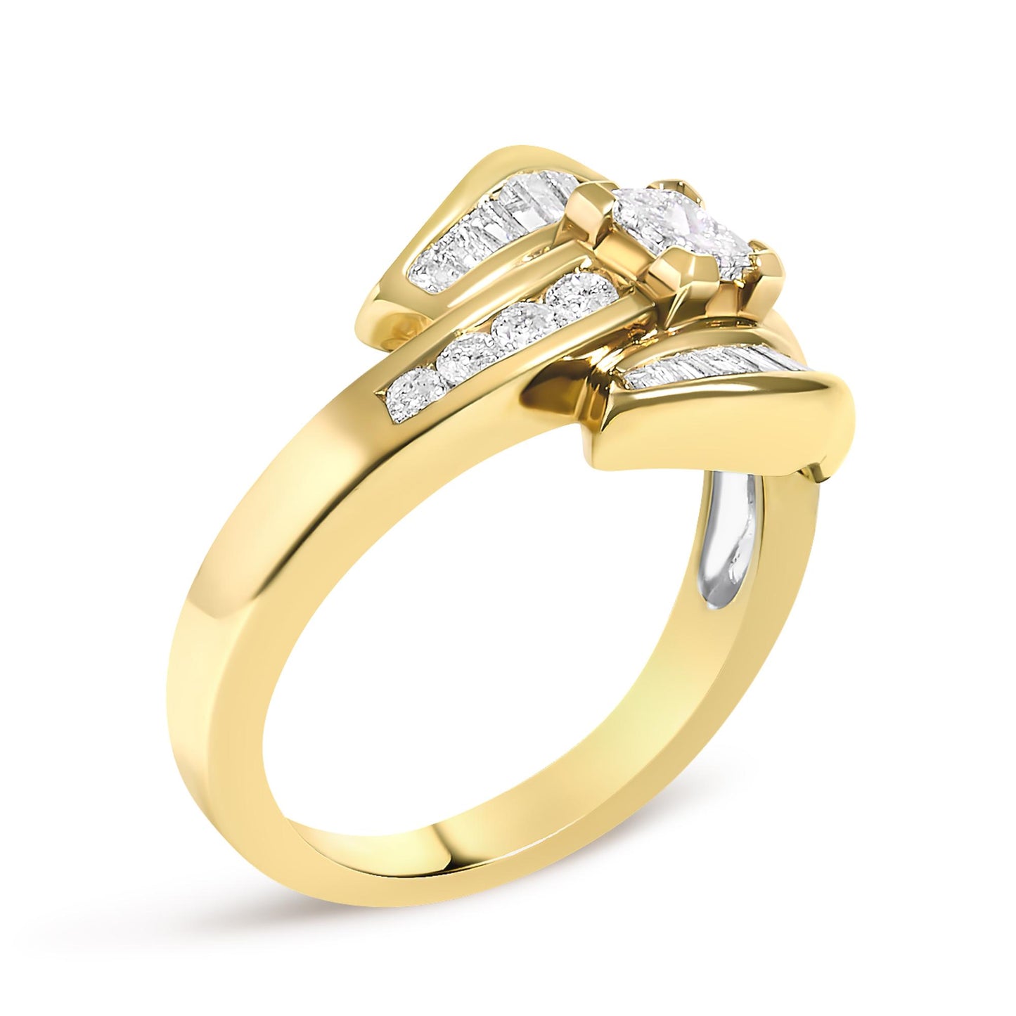 Close-up angled view of a yellow metal ring featuring a central princess shape white gemstone in prong setting, accompanied by channel-set baguette and round white gemstones along the band.