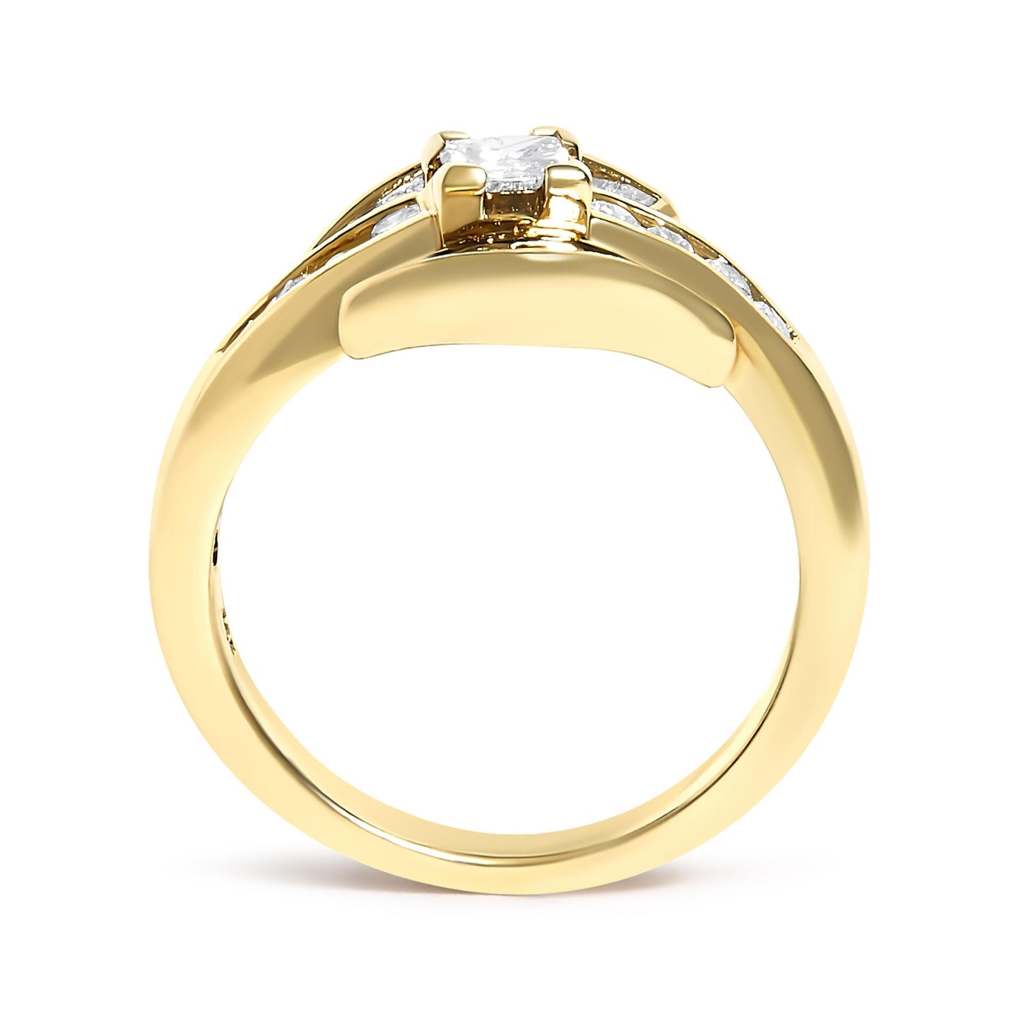 Close-up front angle view of a yellow metal ring featuring a central princess-shaped white gemstone in a prong setting, flanked by rows of channel-set white baguette and round gemstones along the band.
