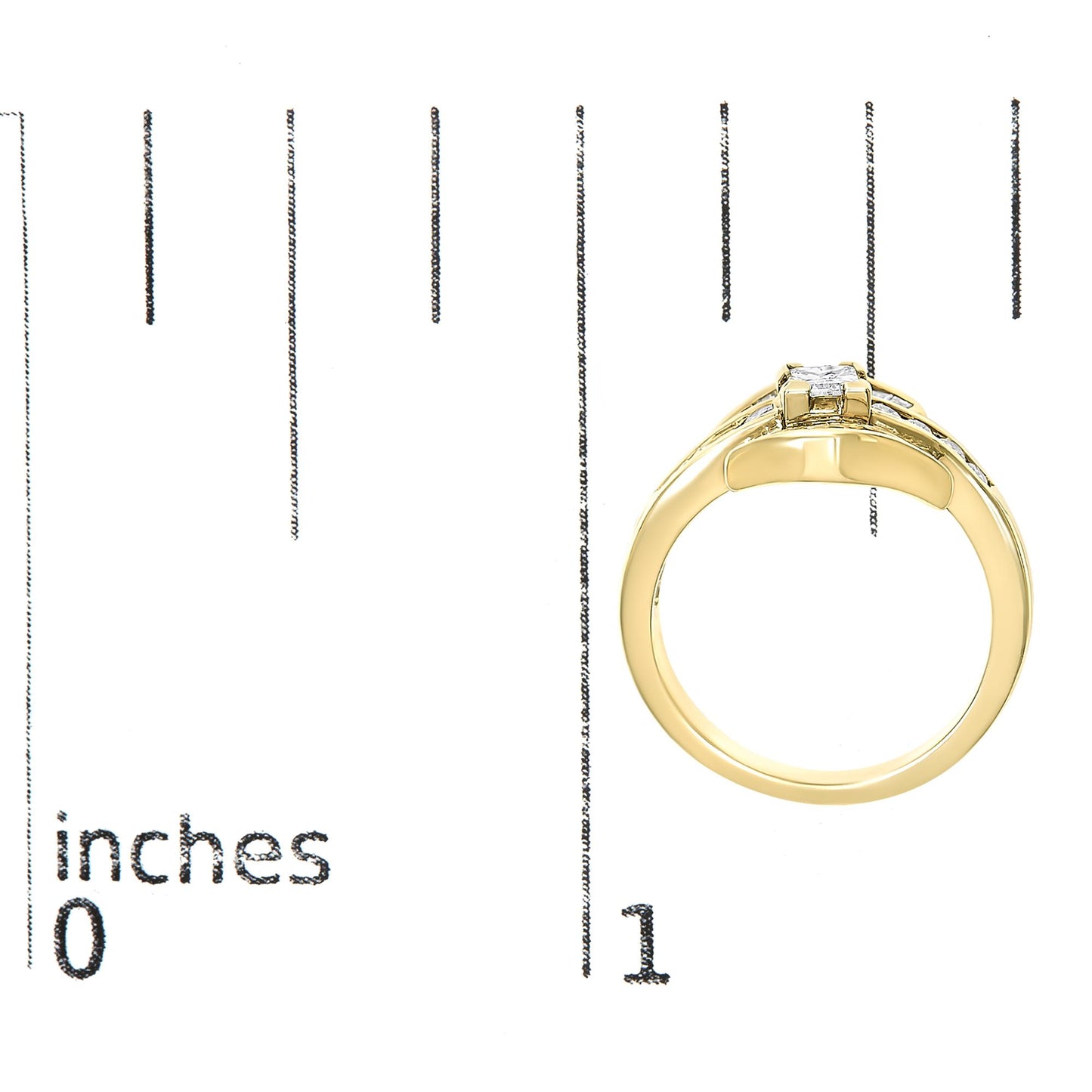 Close-up front angle of a yellow metal ring shown on a scale, featuring one princess-shaped white gemstone in a prong setting, accented by multiple baguette-shaped and round-shaped white gemstones in channel settings.