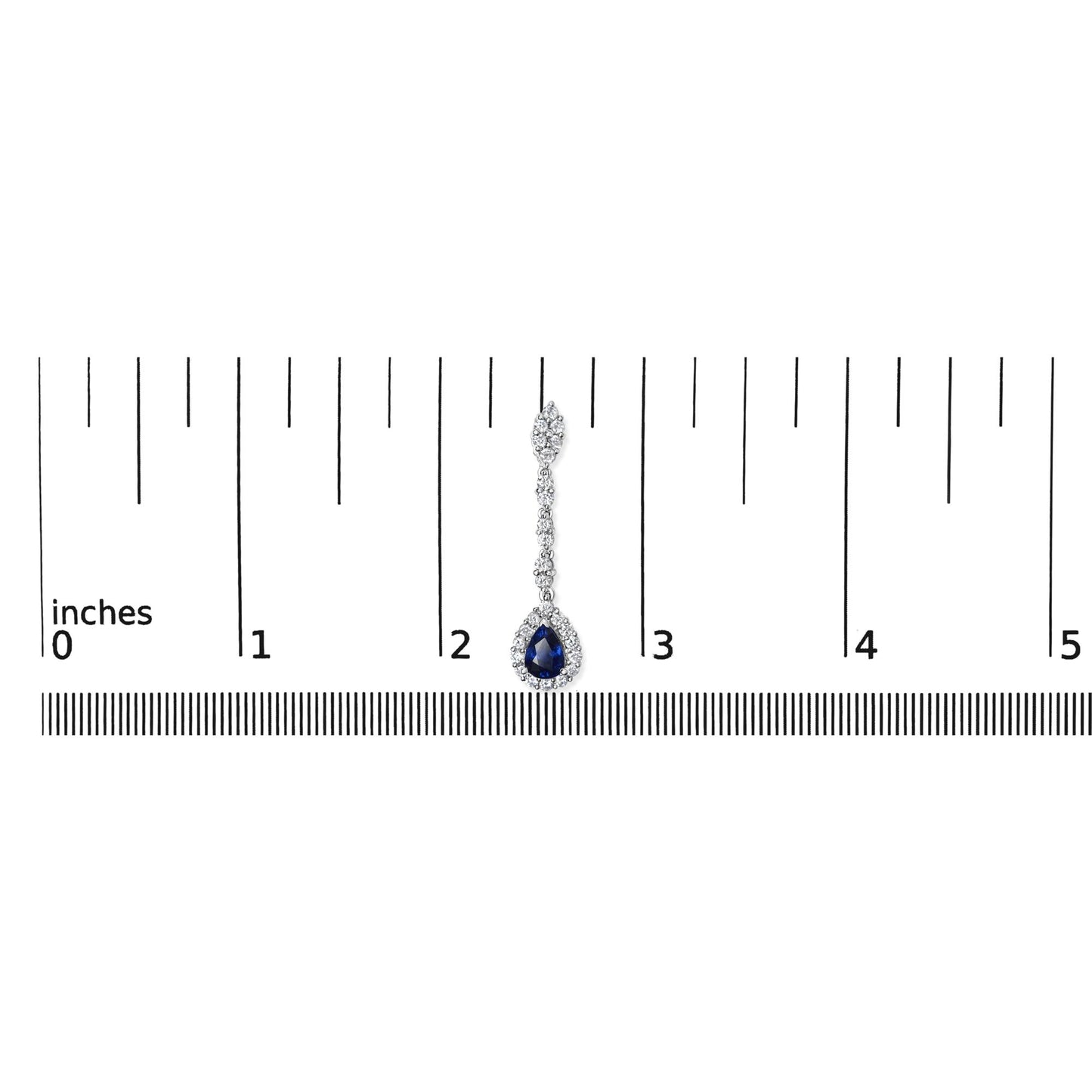 Single white metal earring with round white gemstones and a pear-shaped blue gemstone, shown from front on against a ruler for size reference.