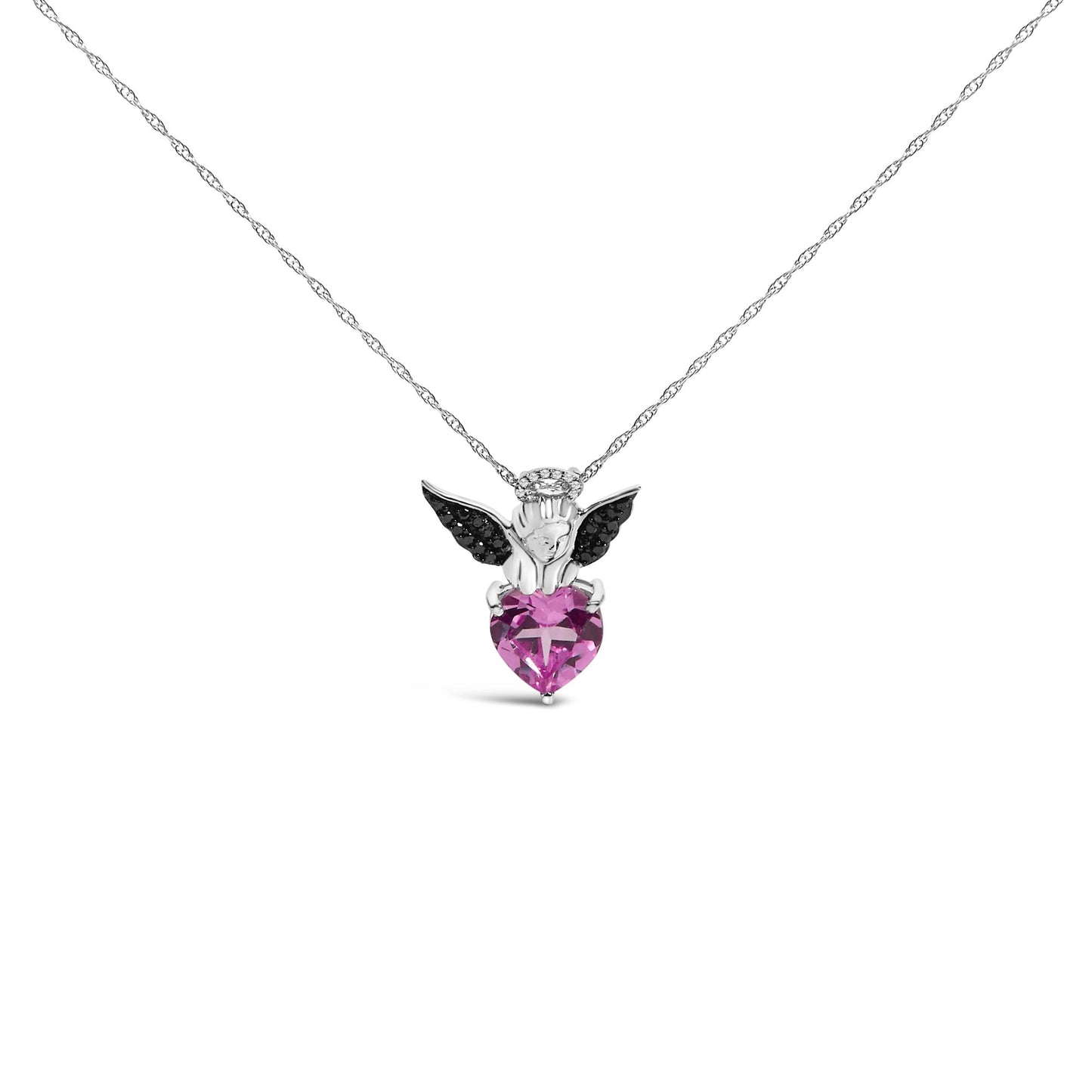 Front view of a white and black metal necklace pendant featuring an angel holding a heart-shaped pink gemstone, with black round gemstones on the wings and white round gemstones as a halo.