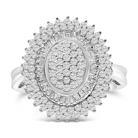 Close-up front view of a white metal ring featuring clustered round white gemstones in prong settings surrounded by an angled oval halo of baguette white gemstones in channel settings.