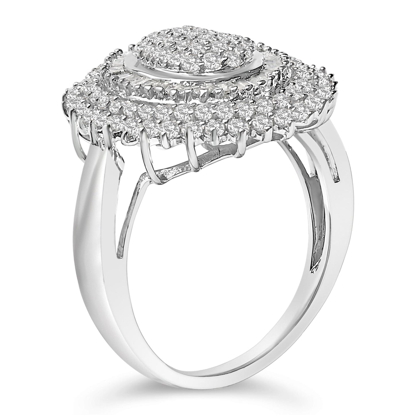 Close-up side angle of a white metal ring with a raised square-shaped head featuring round white gemstones in prong settings and baguette-shaped white gemstones in channel settings.