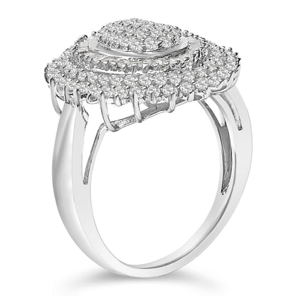 Close-up side angle of a white metal ring with a raised square-shaped head featuring round white gemstones in prong settings and baguette-shaped white gemstones in channel settings.