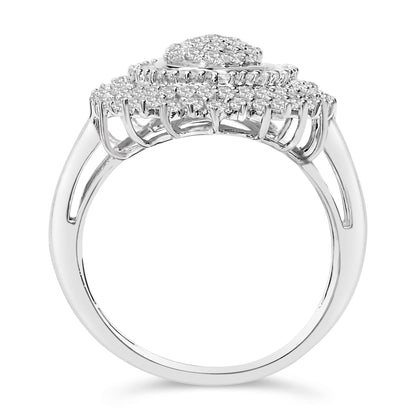 Close-up side view of a white metal ring set with round white gemstones in prong settings and baguette white gemstones in channel settings.