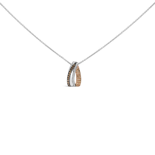 Close-up front view of a white metal necklace with a pendant featuring three curved bars adorned with round brown and white gemstones in pave and shared prong settings.