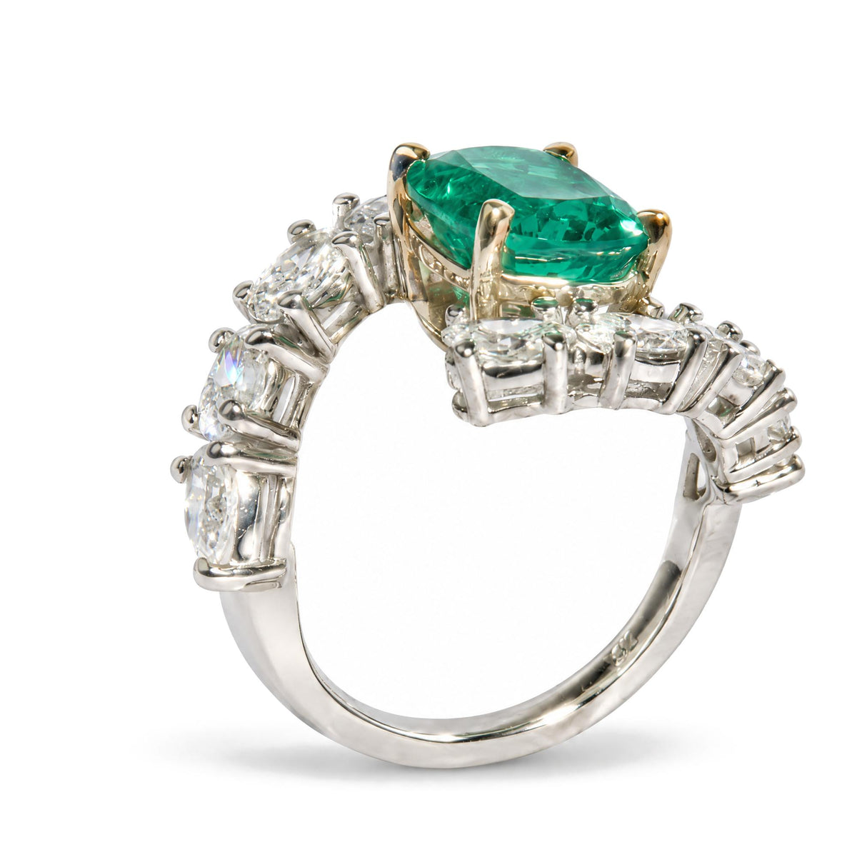 14K Two-Tone Gold Lab-Created Oval Emerald and 2 4/5 Cttw Lab-Grown Diamond Bypass Ring