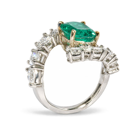 14K Two-Tone Gold Lab-Created Oval Emerald and 2 4/5 Cttw Lab-Grown Diamond Bypass Ring