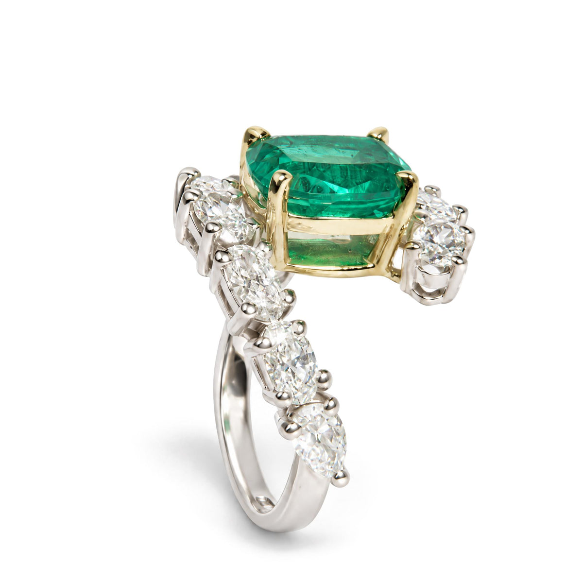14K Two-Tone Gold Lab-Created Oval Emerald and 2 4/5 Cttw Lab-Grown Diamond Bypass Ring