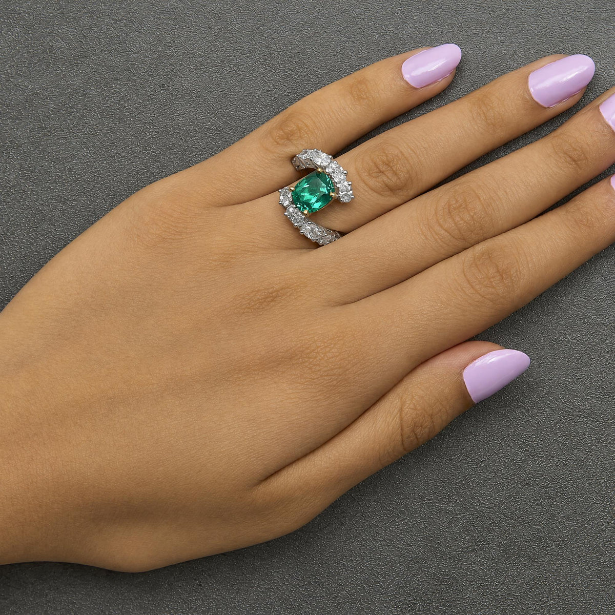 14K Two-Tone Gold Lab-Created Oval Emerald and 2 4/5 Cttw Lab-Grown Diamond Bypass Ring