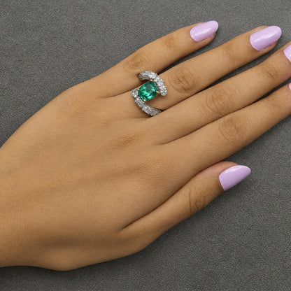 14K Two-Tone Gold Lab-Created Oval Emerald and 2 4/5 Cttw Lab-Grown Diamond Bypass Ring