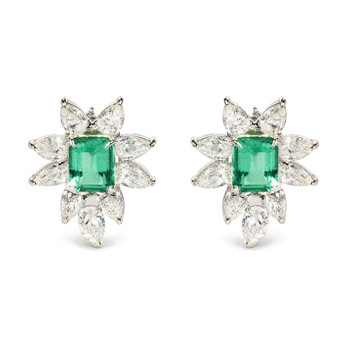 14K White Gold Lab-Grown Emerald and 10 4/5 Cttw Lab-Grown Diamond Floral Halo Stud Earrings