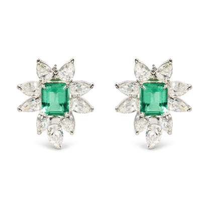 14K White Gold Lab-Grown Emerald and 10 4/5 Cttw Lab-Grown Diamond Floral Halo Stud Earrings