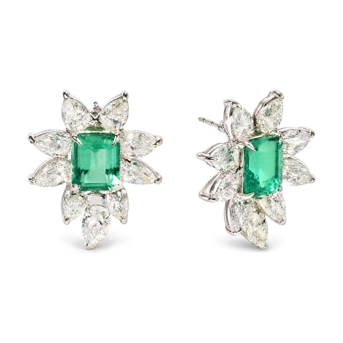 14K White Gold Lab-Grown Emerald and 10 4/5 Cttw Lab-Grown Diamond Floral Halo Stud Earrings