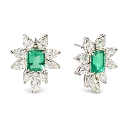 14K White Gold Lab-Grown Emerald and 10 4/5 Cttw Lab-Grown Diamond Floral Halo Stud Earrings
