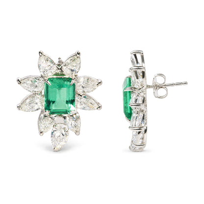 14K White Gold Lab-Grown Emerald and 10 4/5 Cttw Lab-Grown Diamond Floral Halo Stud Earrings