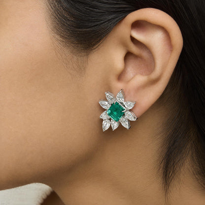 14K White Gold Lab-Grown Emerald and 10 4/5 Cttw Lab-Grown Diamond Floral Halo Stud Earrings