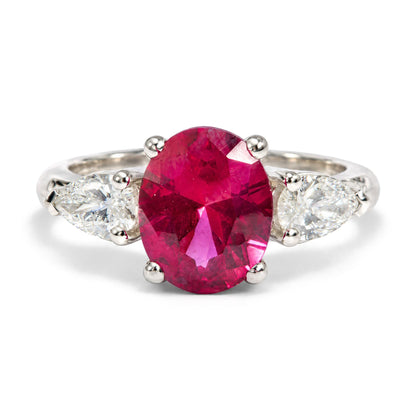 14K White Gold Lab-Created Oval Red Ruby and 3/4 Cttw Lab-Grown Diamond Three-Stone Ring
