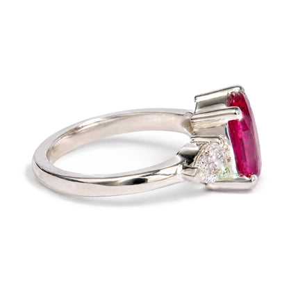 14K White Gold Lab-Created Oval Red Ruby and 3/4 Cttw Lab-Grown Diamond Three-Stone Ring