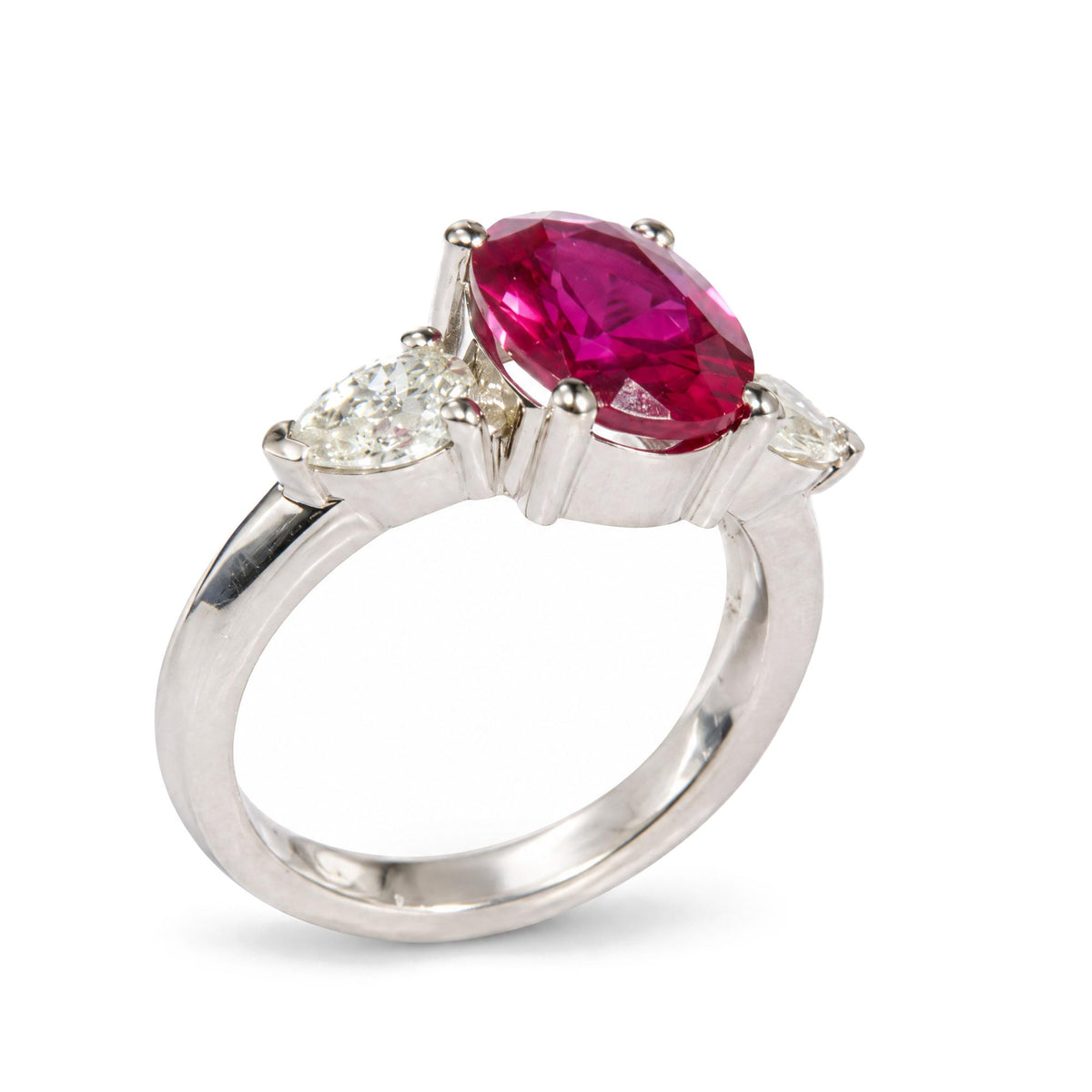 14K White Gold Lab-Created Oval Red Ruby and 3/4 Cttw Lab-Grown Diamond Three-Stone Ring