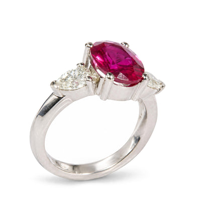 14K White Gold Lab-Created Oval Red Ruby and 3/4 Cttw Lab-Grown Diamond Three-Stone Ring
