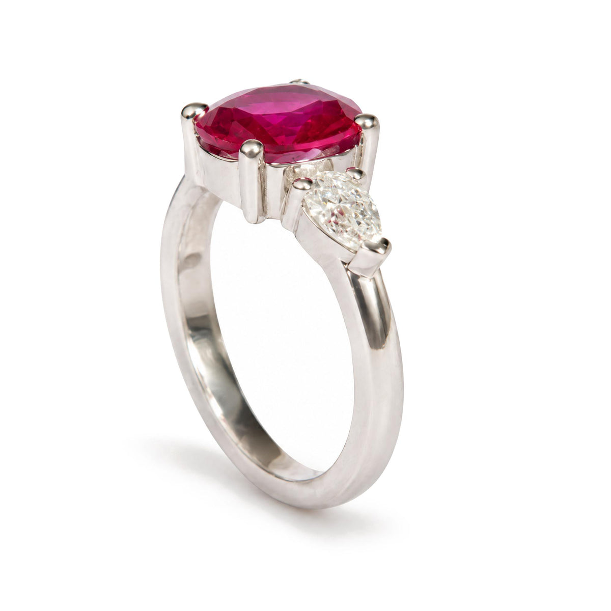 14K White Gold Lab-Created Oval Red Ruby and 3/4 Cttw Lab-Grown Diamond Three-Stone Ring