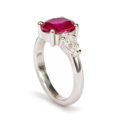 14K White Gold Lab-Created Oval Red Ruby and 3/4 Cttw Lab-Grown Diamond Three-Stone Ring