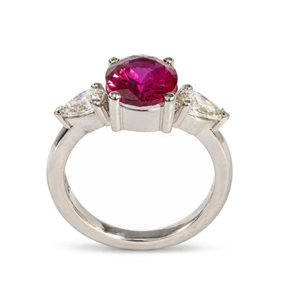 14K White Gold Lab-Created Oval Red Ruby and 3/4 Cttw Lab-Grown Diamond Three-Stone Ring