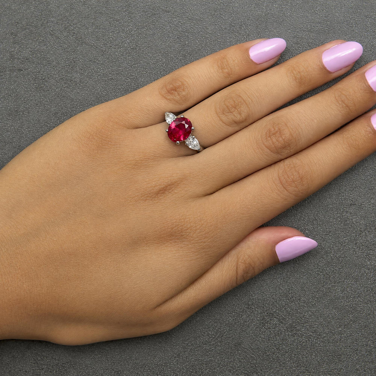 14K White Gold Lab-Created Oval Red Ruby and 3/4 Cttw Lab-Grown Diamond Three-Stone Ring