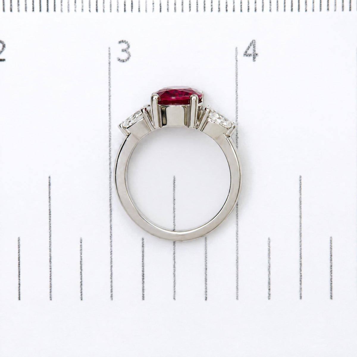14K White Gold Lab-Created Oval Red Ruby and 3/4 Cttw Lab-Grown Diamond Three-Stone Ring